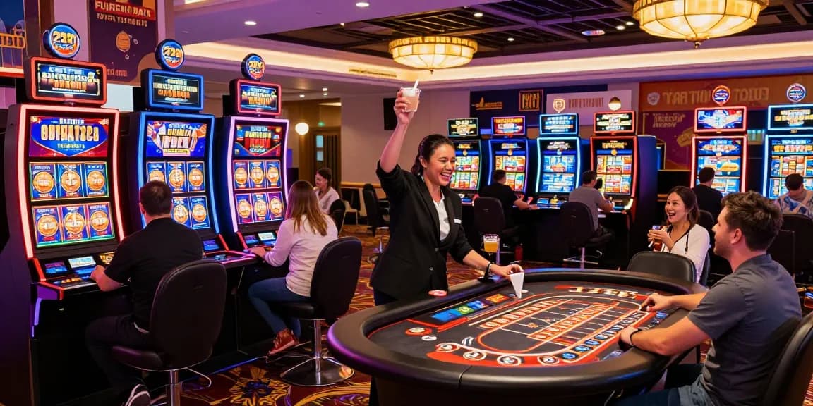 Exciting scene of players enjoying new online slot sites in a modern casino environment with vivid gaming machines and live dealer action.