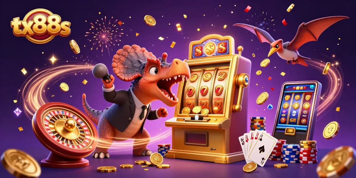 Experience thrilling jackpots at tx88s as a pachycephalosaurus hits a slot machine in a lively 3D casino scene.
