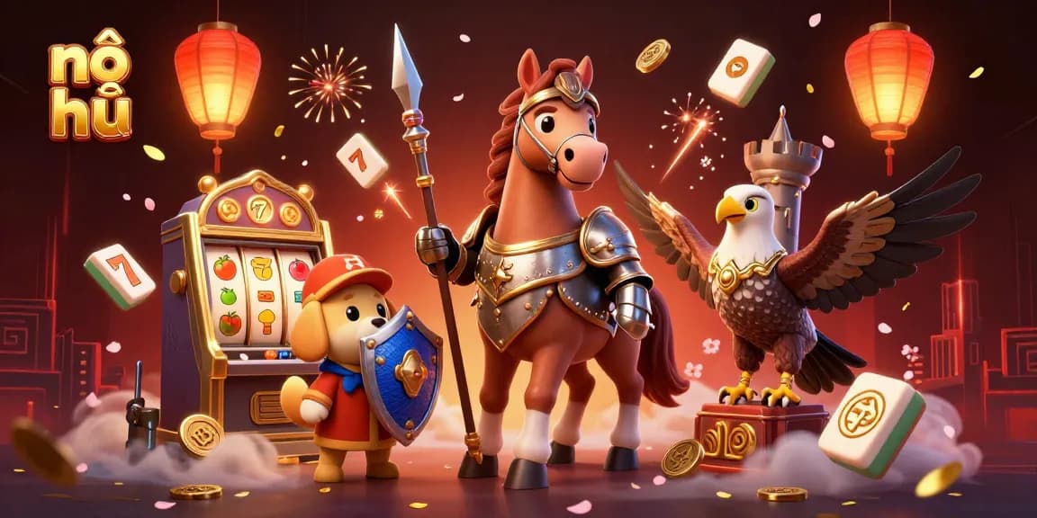 Nổ hũ reveals thrilling slot machines and lucky symbols in a vibrant 3D illustration.