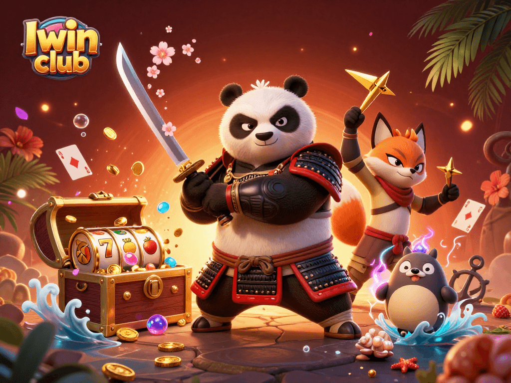 Iwin club showcases an exciting scene of animated casino characters, including a samurai panda and a ninja fox, engaging in thrilling slot activities.