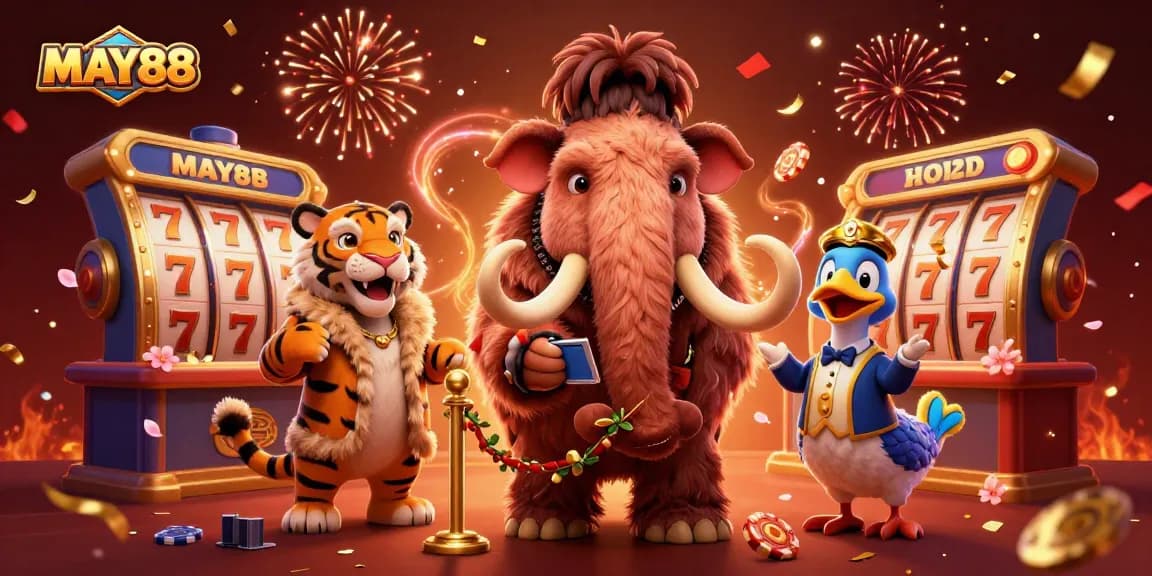 MAY88 offers a vibrant casino experience with spinning jackpot reels and cartoon characters in a celebratory atmosphere.