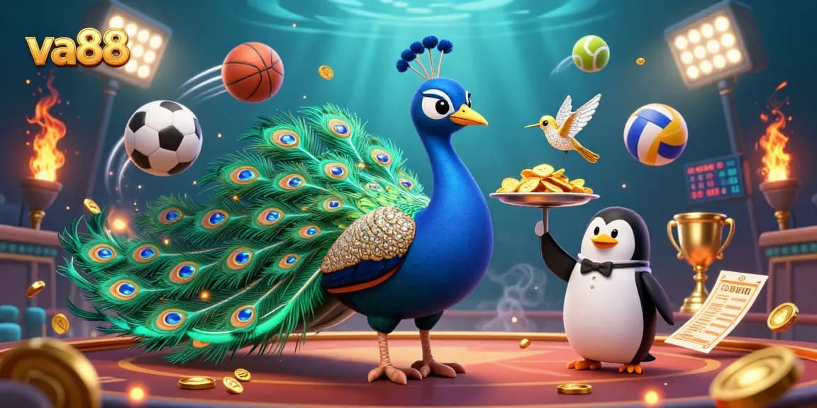 Engage with va88's exciting sports betting scene featuring dynamic elements like golden chips, trophies, and sports balls.