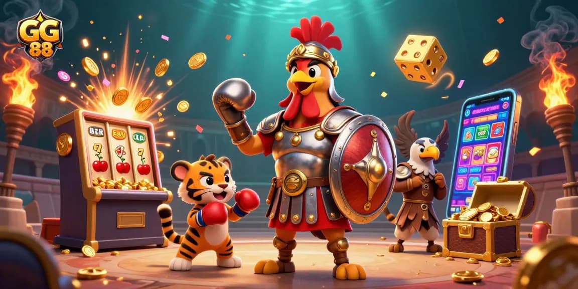 Experience big wins at GG 88 with vibrant casino gaming scenes featuring dynamic characters and thrilling action.