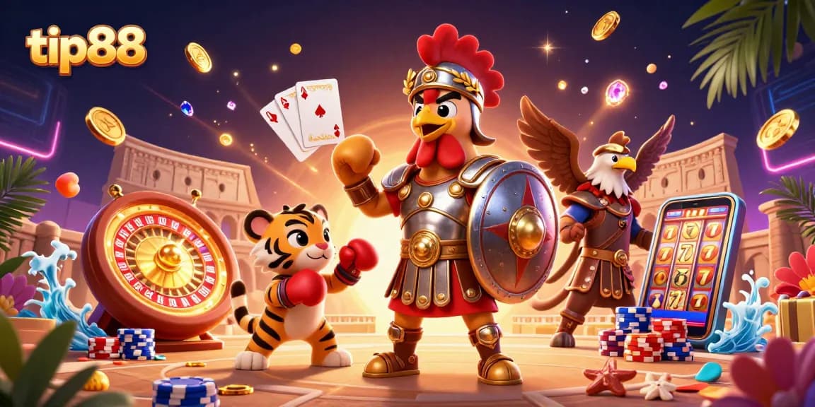 Experience the vibrant action of tip88 with a gladiator rooster and casino elements in a dynamic 3D scene.