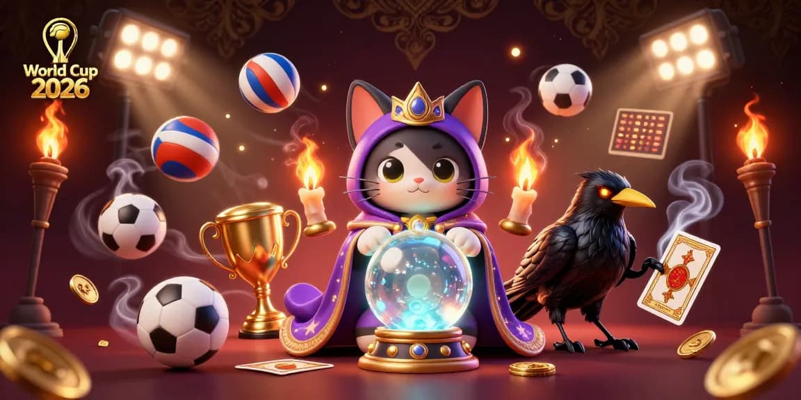 Win big with World Cup 2026 as a mystical cat and raven celebrate in a bustling casino scene.