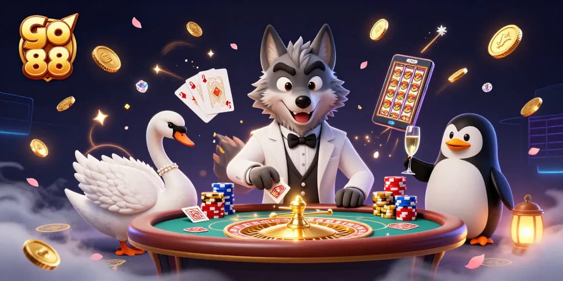 Play exciting games with go 88, featuring a wolf, swan, and penguin in a vibrant casino scene.