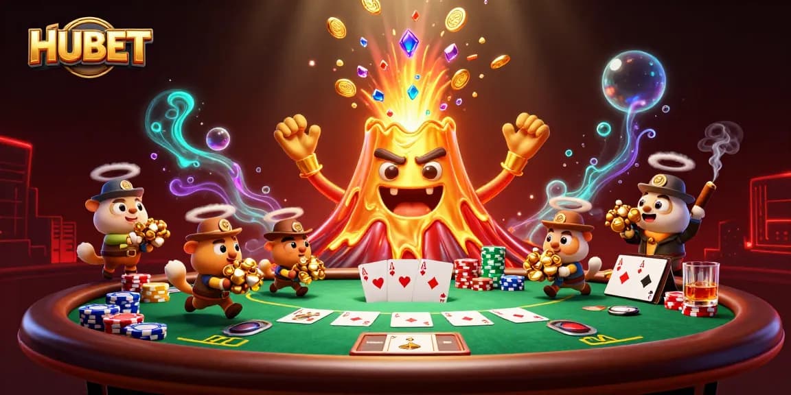 Experience thrilling gaming at HUBET with a dynamic scene of a golden volcano and treasure!