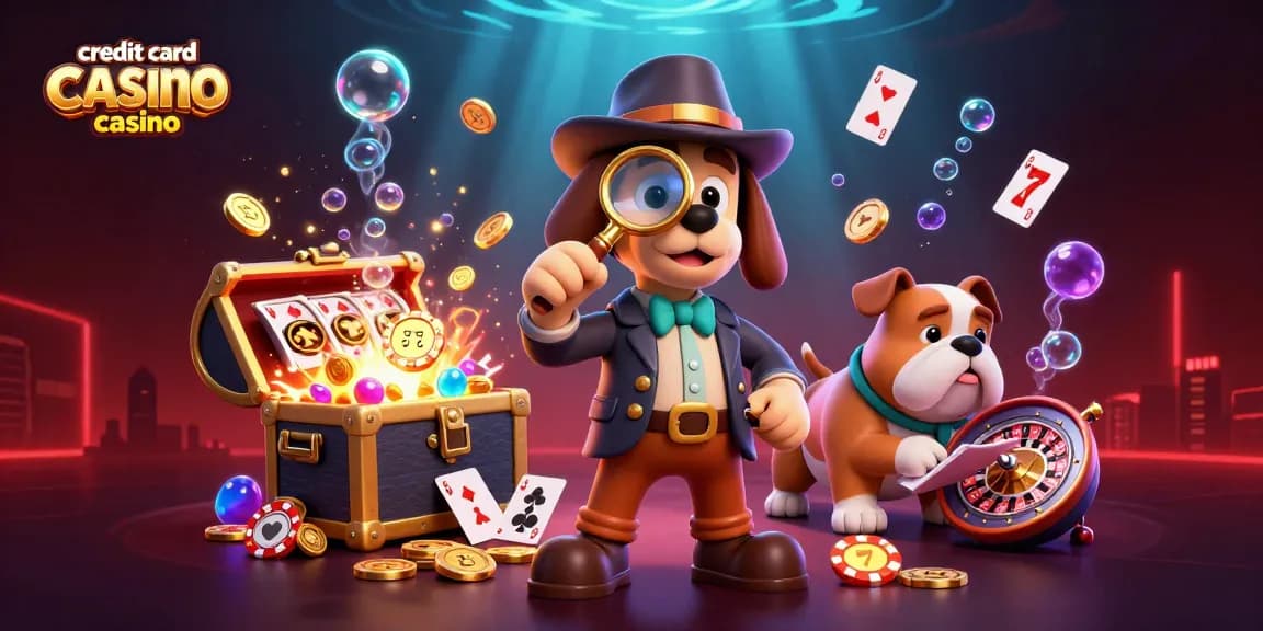 Experience the excitement of a credit card casino with a detective uncovering treasures amidst vibrant game elements.
