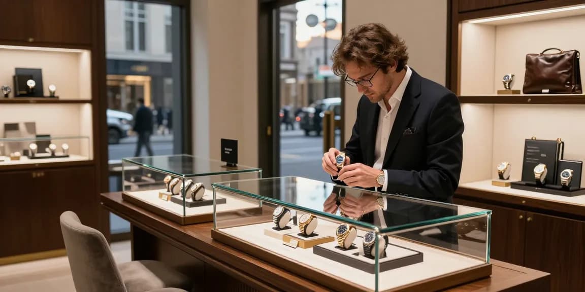 Elegant shopping experience showcasing a premium replica watch amidst luxury brand displays.