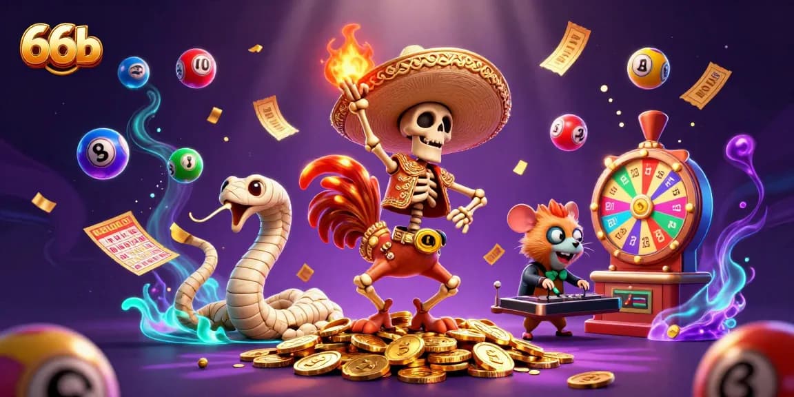 Bounce into action with 66b as a cartoon skeleton mariachi rooster dances on coins amidst colorful lottery balls and a prize wheel.