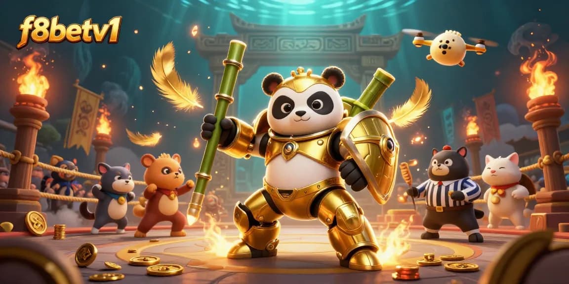 Engage with f8betv1's thrilling arena scene featuring a golden panda and dynamic gambling elements.