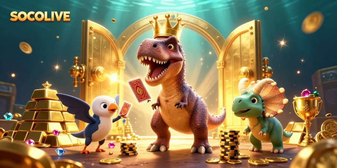 SOCOLIVE shows a playful T-Rex shuffling cards surrounded by treasure, illustrating a vibrant gambling theme.