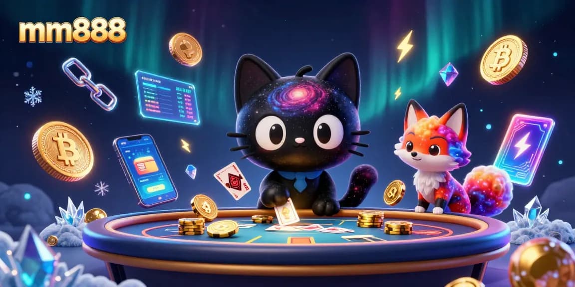 Experience the excitement at mm888 with a cosmic cat and vibrant gaming elements shining through the casino.