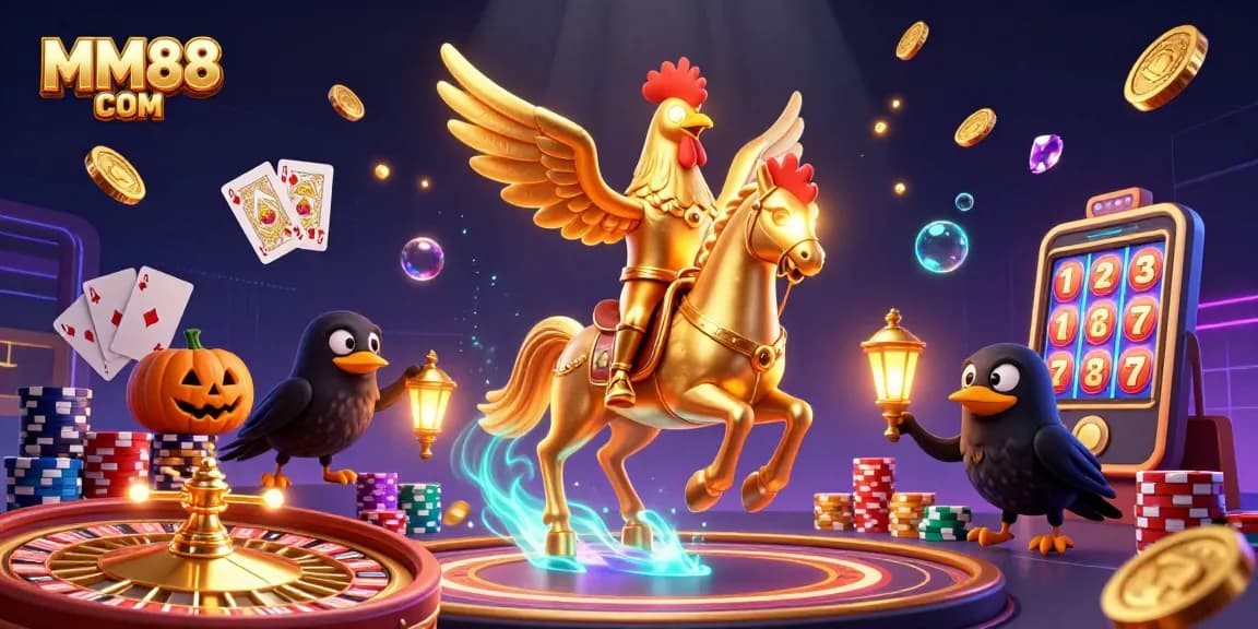 Engage with MM88 COM at this vibrant 3D casino scene filled with golden coins and dynamic gaming elements.