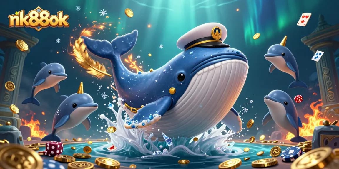Experience excitement at nk88ok with a whale, narwhal, and dolphins playing poker among gold coins.