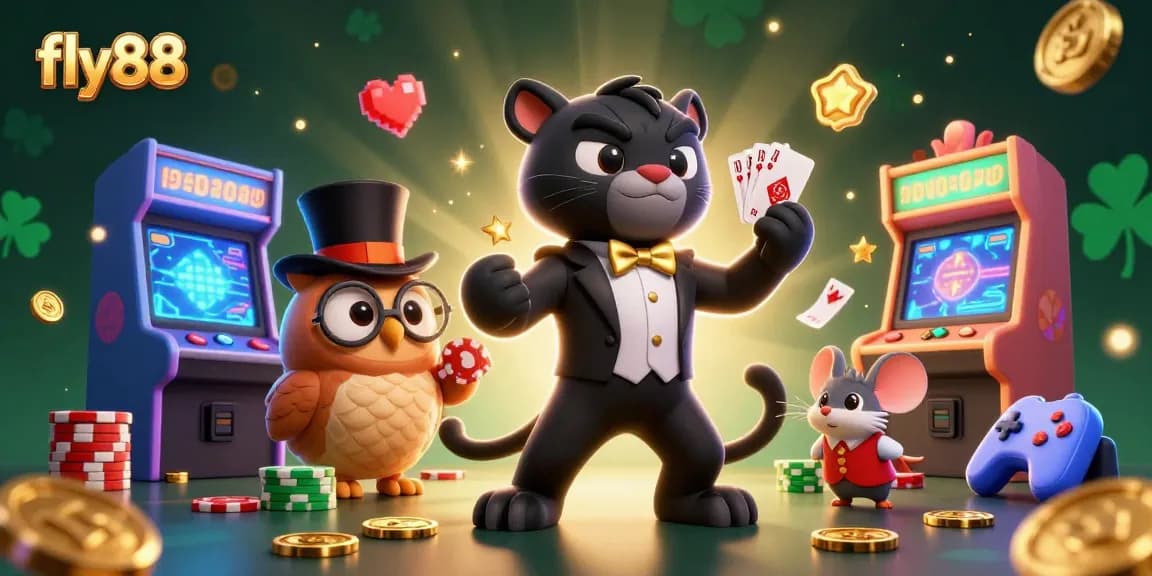 Experience the thrill of fly88 with an elegant panther, wise owl, and lucky mouse amidst colorful casino elements.