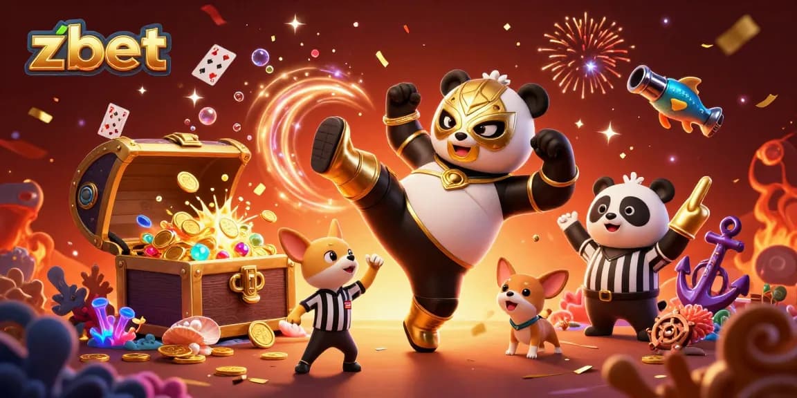Experience thrilling zbet gaming action with a wrestling panda and animated casino elements.
