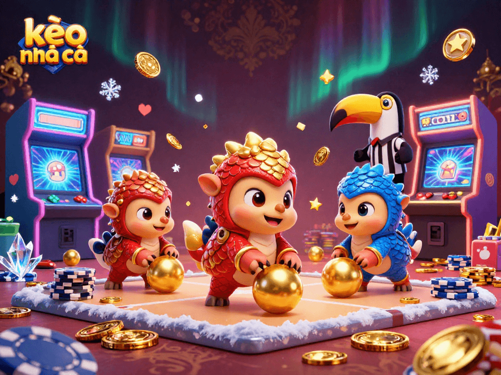 Engage in kèo nhà cái with lively pangolins bowling through poker chips in a colorful arcade setting.