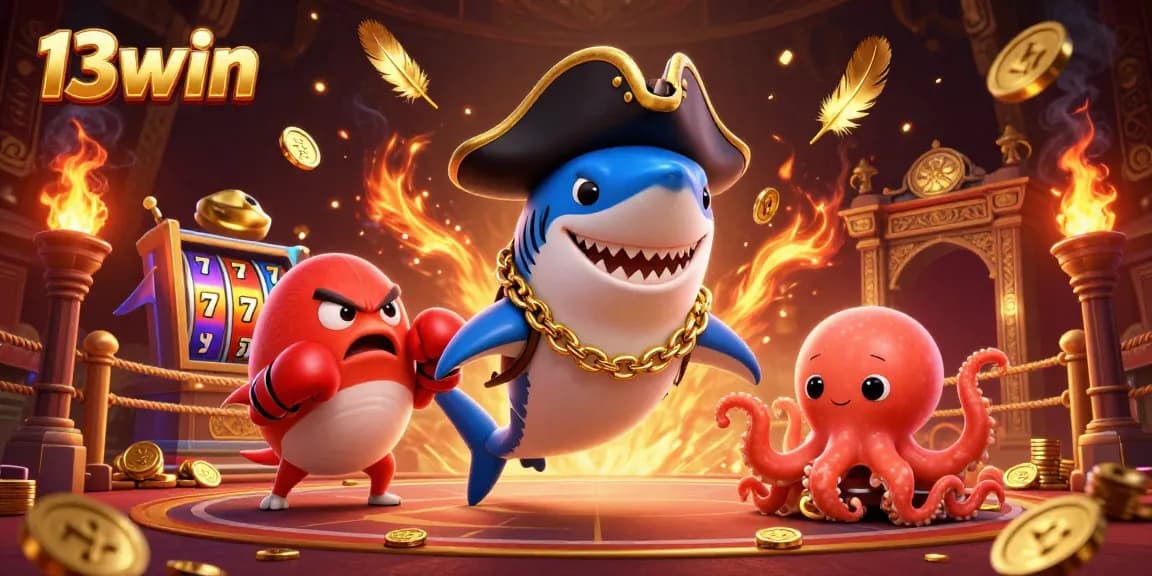Experience excitement with 13win as a pirate shark, pufferfish, and octopus enjoy casino games in a vibrant 3D scene.