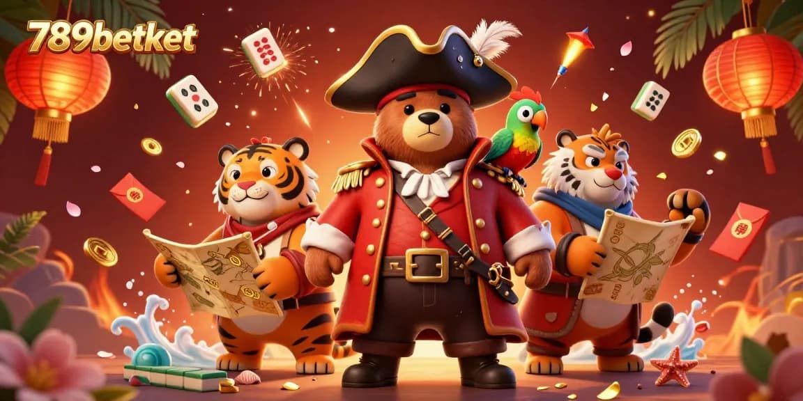 The 789betket scene showcases a pirate bear, a tiger, and a parrot amid vibrant casino-themed elements and fireworks.