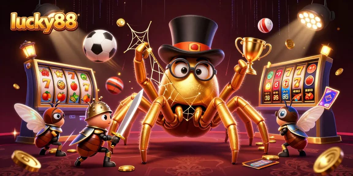Experience the exciting world of lucky88 with a golden tarantula weaving in a vibrant casino scene.