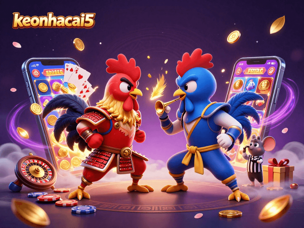 Challenge the excitement of keonhacai5 with 3D roosters in a thrilling gambling scene.