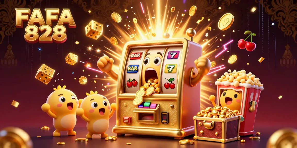 Engagingly depict the FAFA 828 gaming experience with a vibrant 3D slot machine scene celebrating a jackpot win.