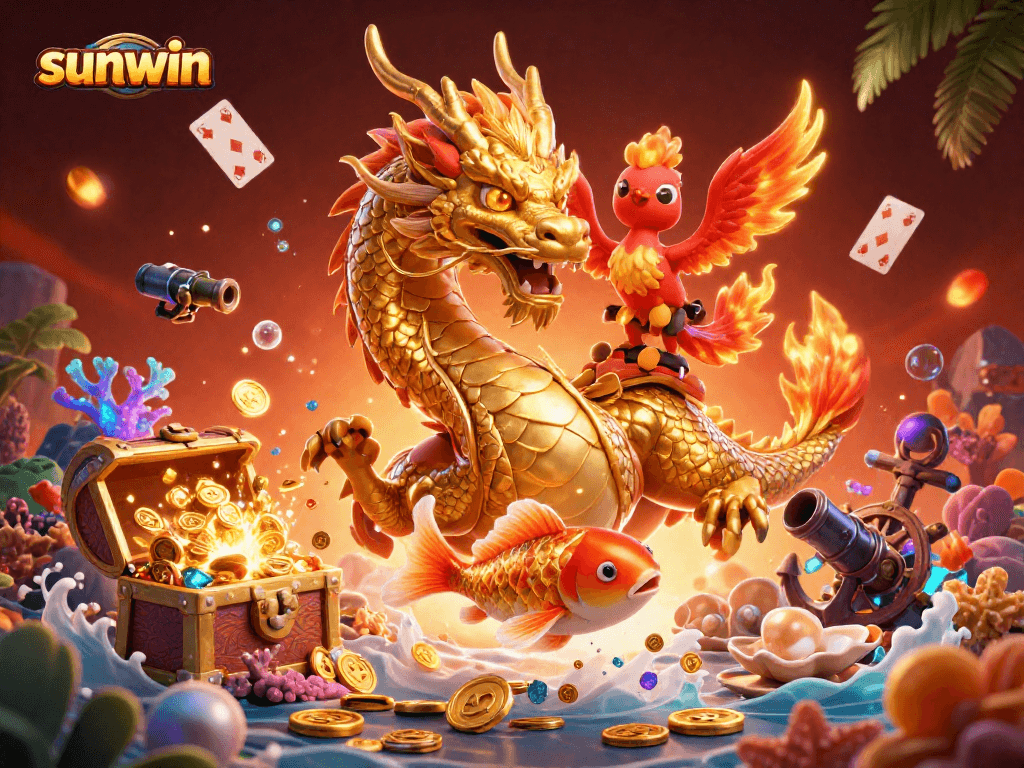 Engage in winning gameplay with Sunwin's vibrant 3D fantasy gaming scene featuring a golden dragon.