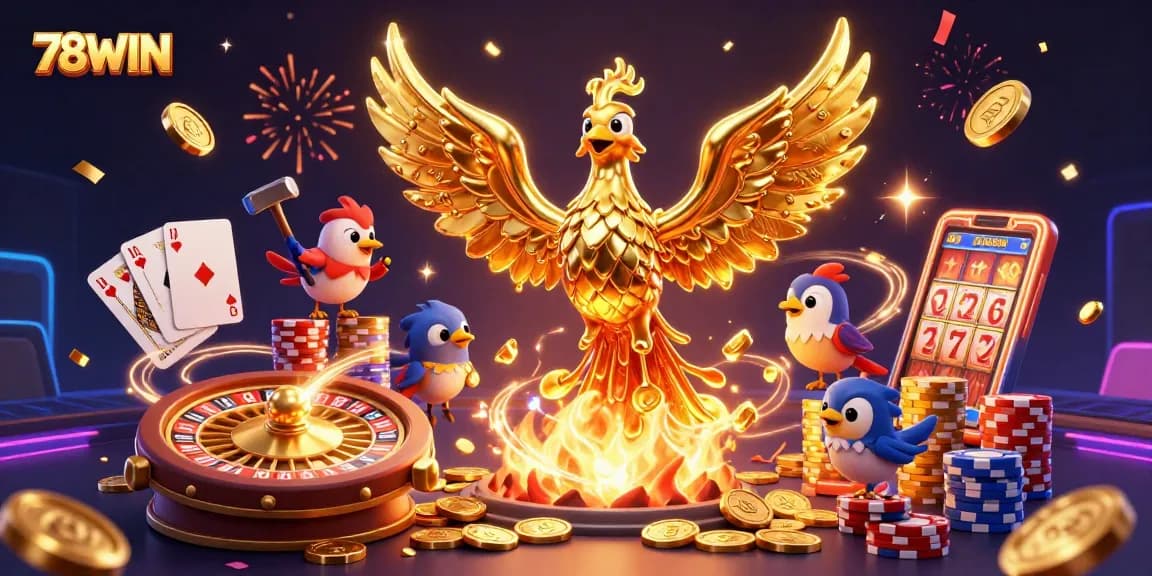 Experience the excitement of 78WIN with golden phoenix and casino elements celebrating wins.