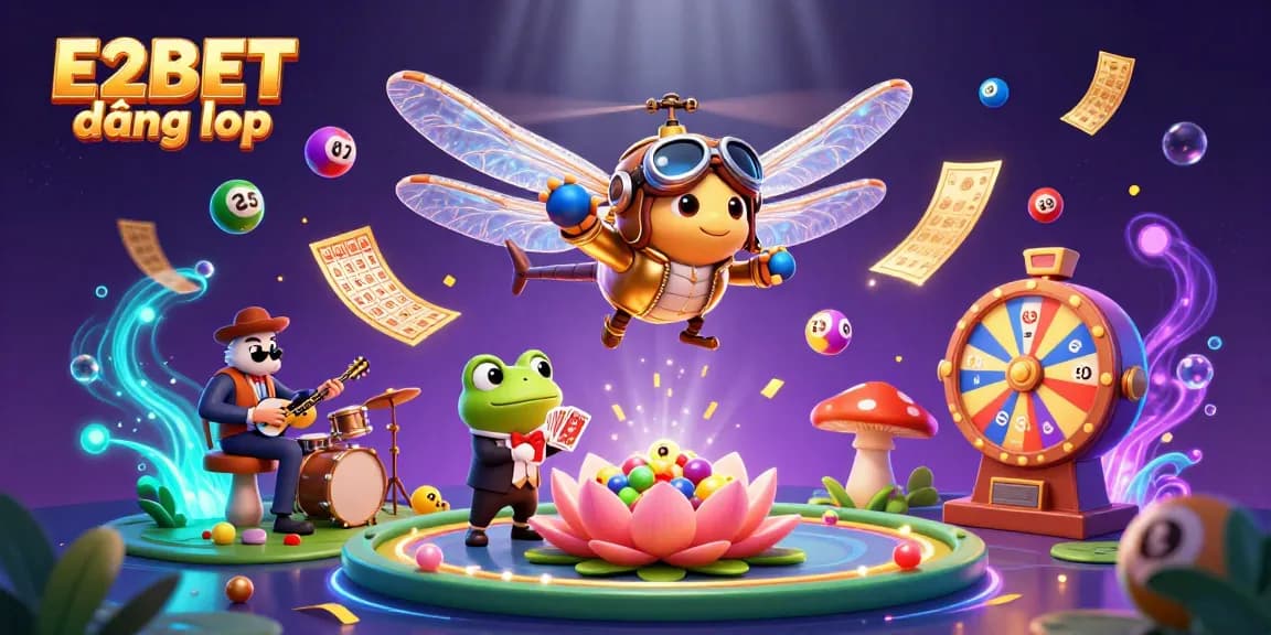 E2BET đăng nhập at a vibrant lily pad casino featuring a dragonfly pilot, a frog dealer, and lively cricket musicians.