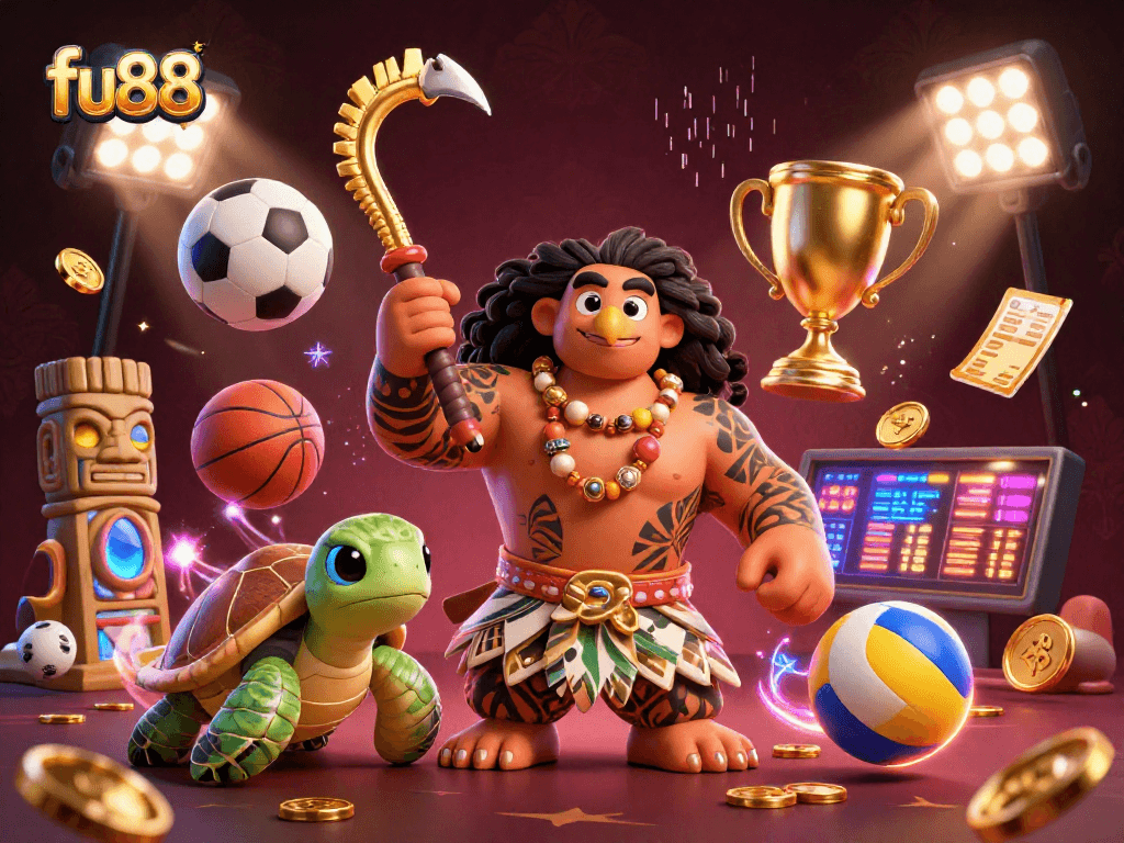 Experience big wins with fu88 in this vibrant 3D casino illustration showcasing lively gaming elements.