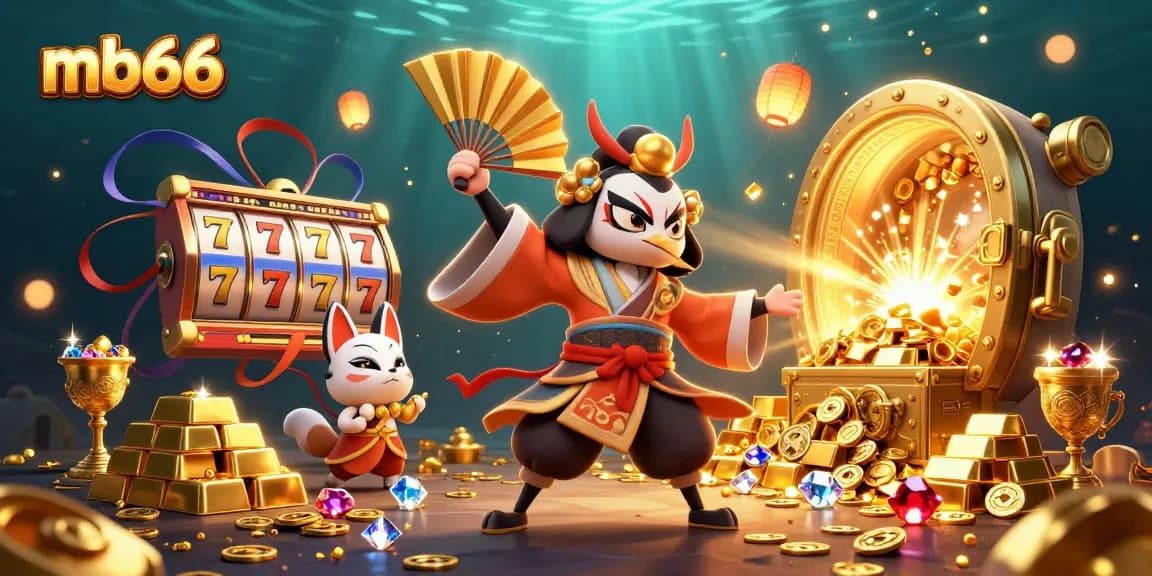 Experience the excitement of mb66 with a vibrant casino scene of spinning reels and shimmering treasures.