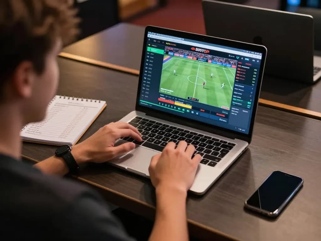 Engaging online gambling with SBOTOP on a laptop, showcasing an organized betting environment