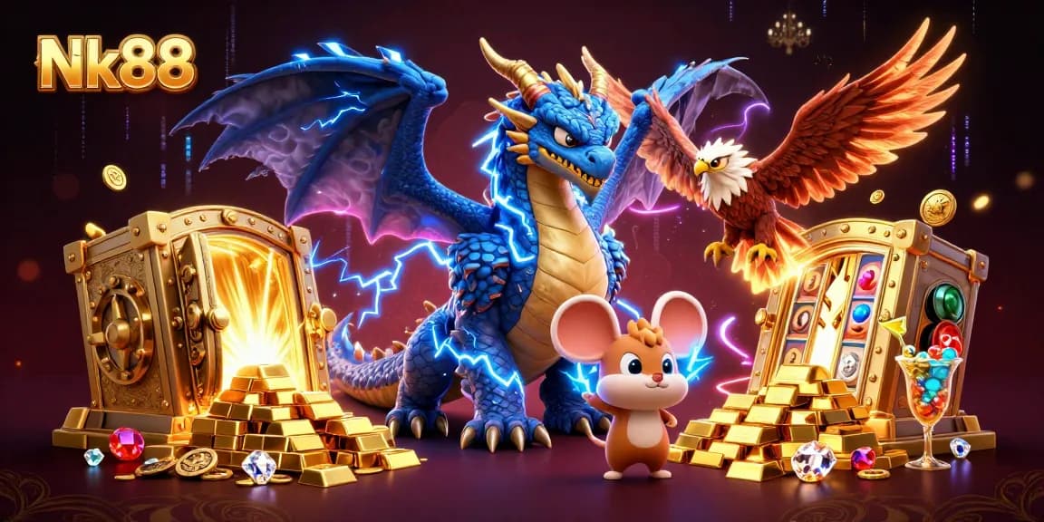 Experience the electrifying world of Nk88 with dazzling treasures and characters in a vibrant casino setting.