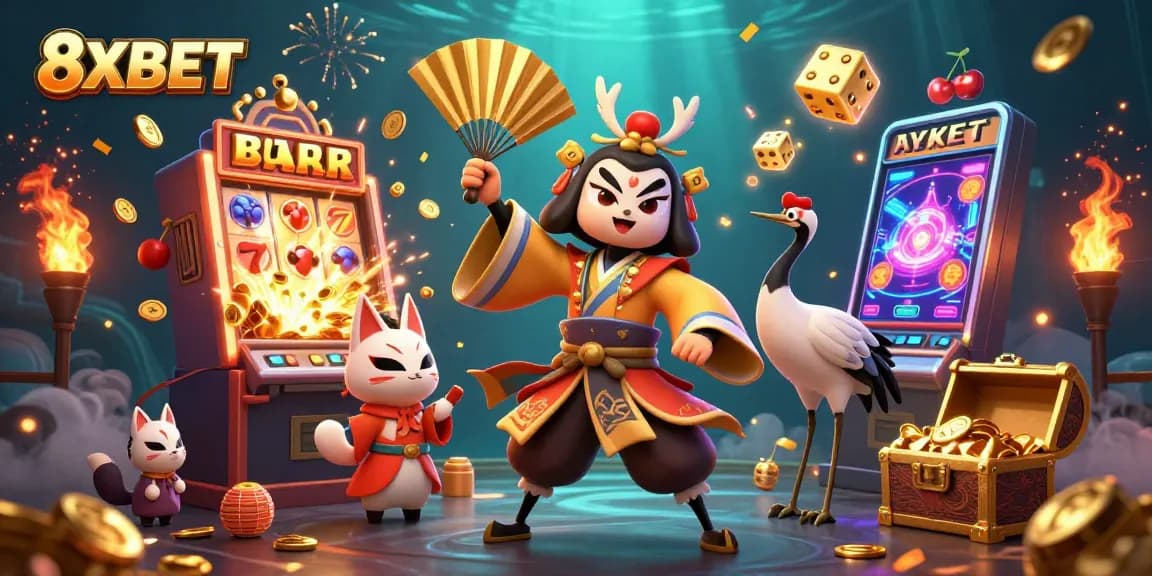 Experience thrilling gaming action with 8XBET in this vibrant, immersive 3D casino illustration.