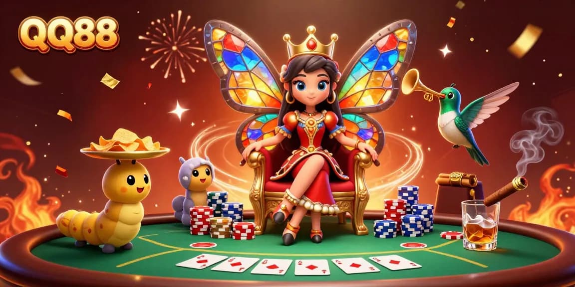 Experience the thrills of QQ88 with vibrant casino elements and characters celebrating the game.