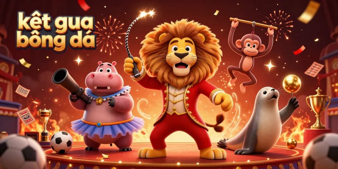 Kết quả bóng đá illustrated with a circus lion, hippo, and monkey celebrating in a lively sports betting scene.