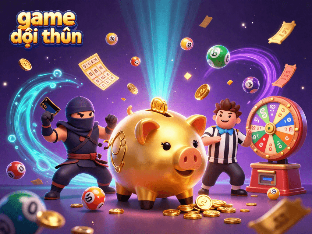 Engage in the game đổi thưởng with a dynamic scene of a piggy bank sumo wrestler, ninja, and samurai surrounded by lottery elements.