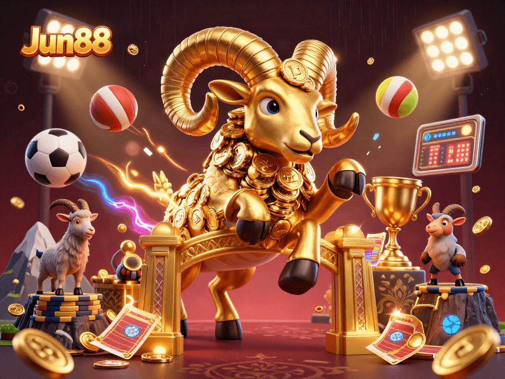 Jun88 showcases an immersive 3D casino scene with a golden ram charging through a vibrant gambling atmosphere.