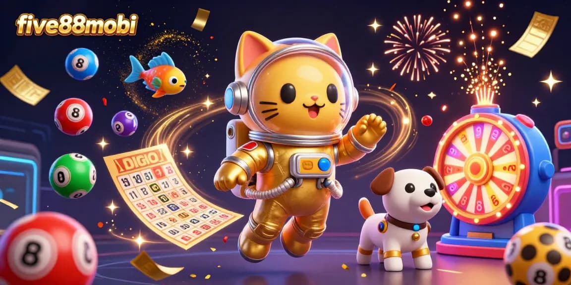 Experience vibrant gaming action with five88mobi, featuring colorful lottery elements and animated characters.