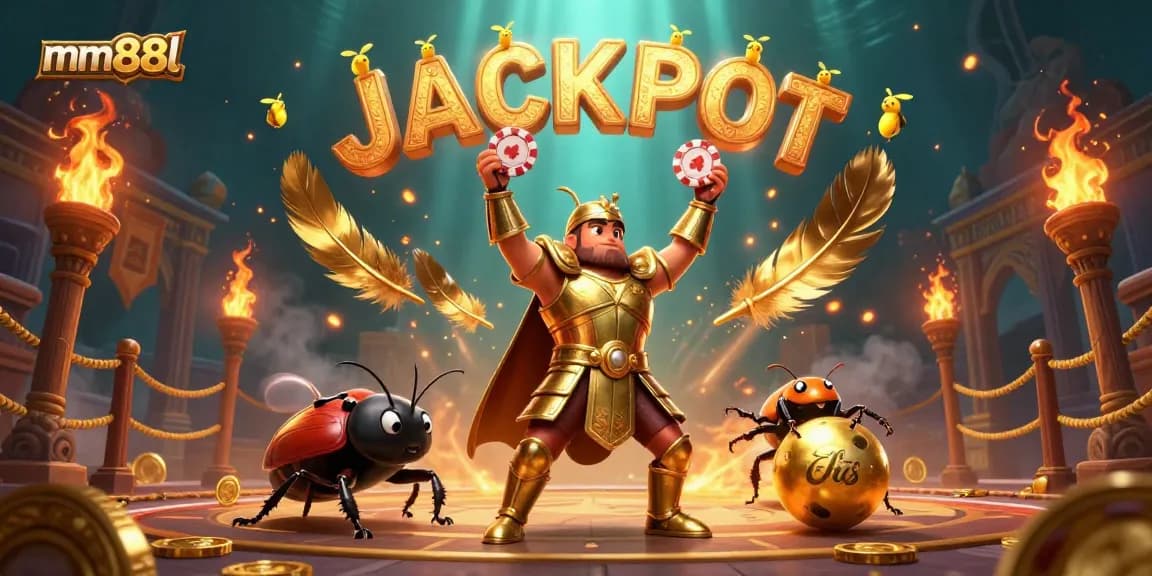 Experience victory with mm88l, as the hercules beetle lifts a poker chip in a vibrant casino scene.