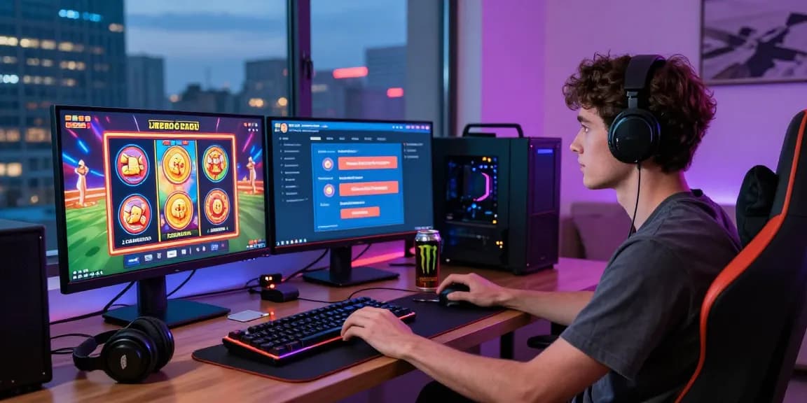 Engaging scene of a gamer reviewing credit card casinos on multiple screens in a stylish home gaming setup, showcasing excitement and modern lifestyle.