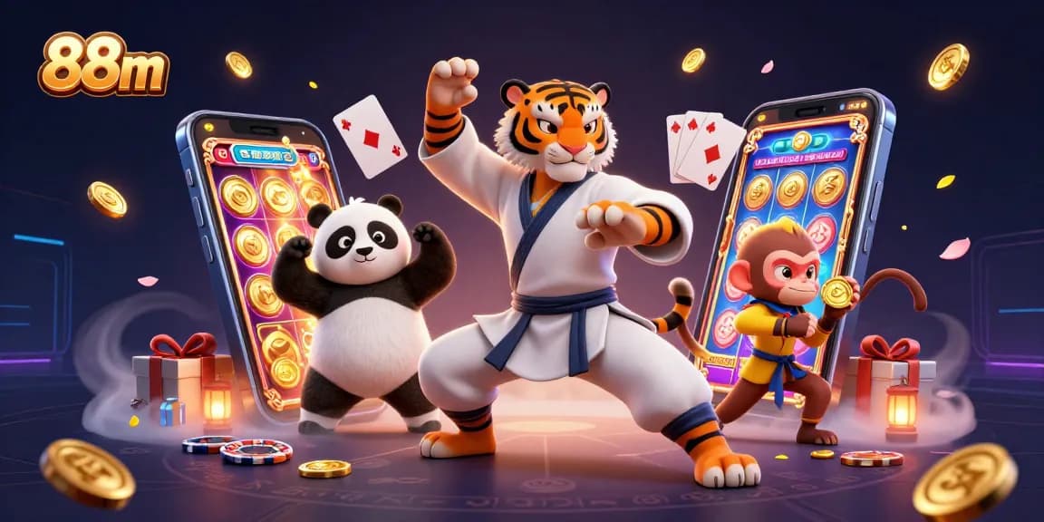 Experience the excitement of 88m with a dynamic scene showcasing colorful slot games and charming characters.