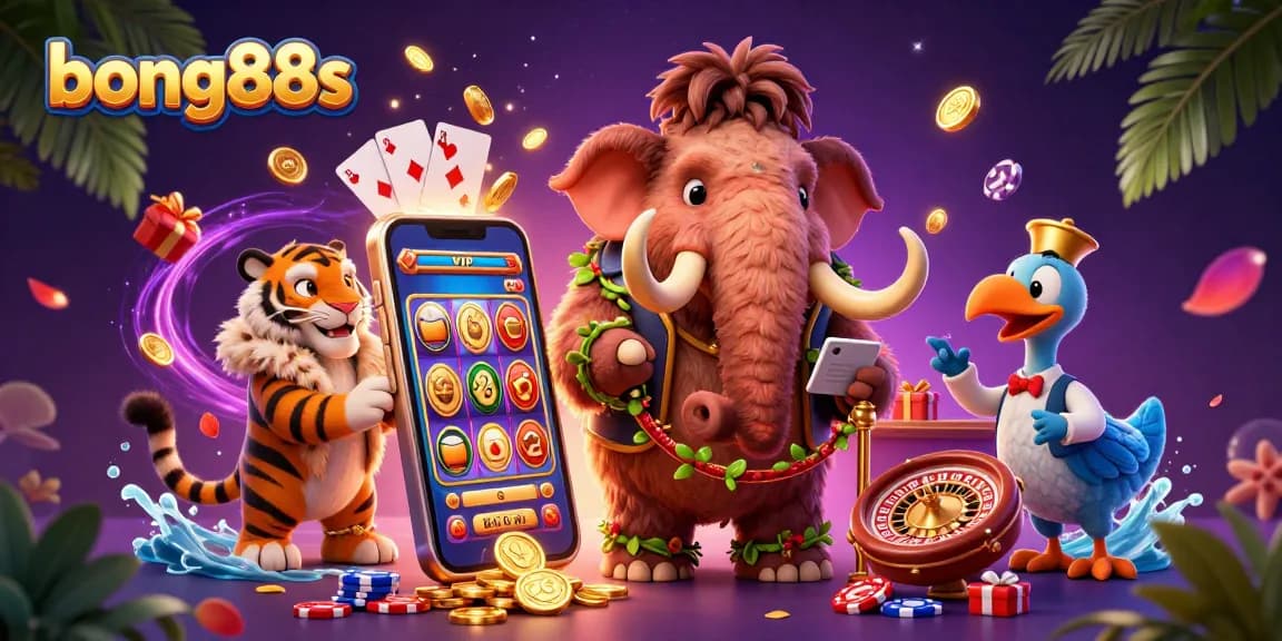 Bong88s casino scene with a woolly mammoth checking IDs, vibrant slot reels, and luxury casino elements.