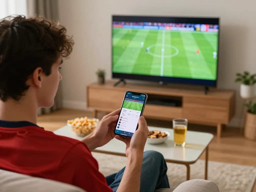 Engaging in sports betting on the mobile app while reviewing lịch thi đấu bóng đá in a cozy home environment.