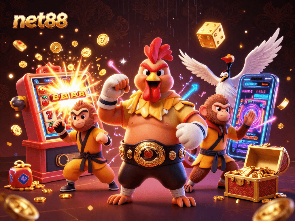 Engage with the net88 experience through this vibrant 3D illustration depicting a lively casino scene.