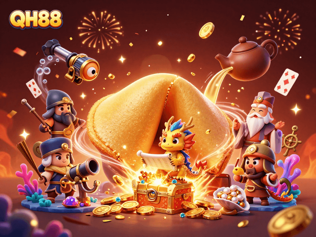Experience the vibrant world of QH88 with a golden fortune cookie and treasure-filled scene.