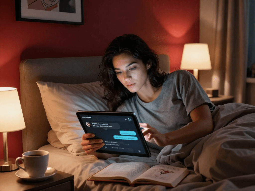 Engaging with AI chat porn in a cozy bedroom setting.