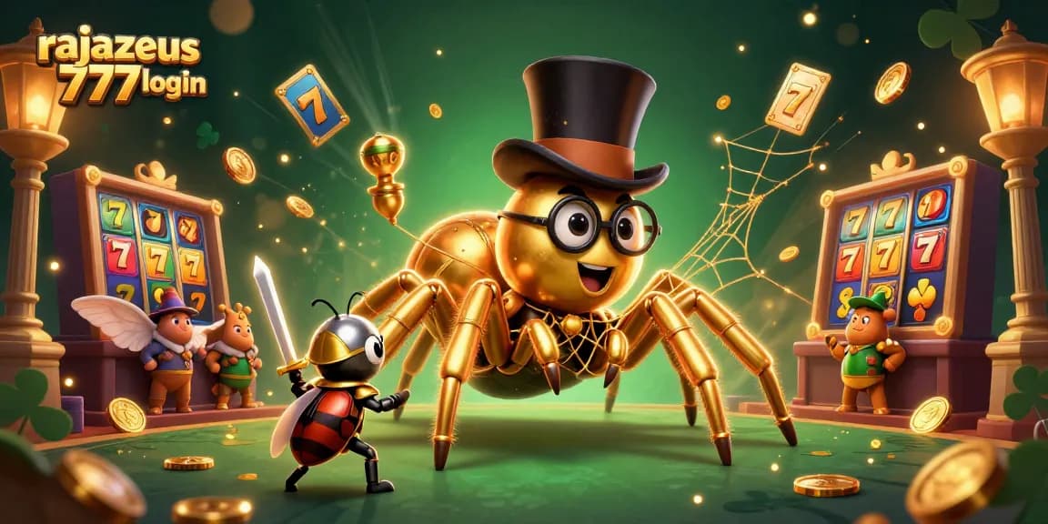 Engage in the thrilling rajazeus 777 login experience with a dynamic casino scene featuring golden tarantula and beetle knight.