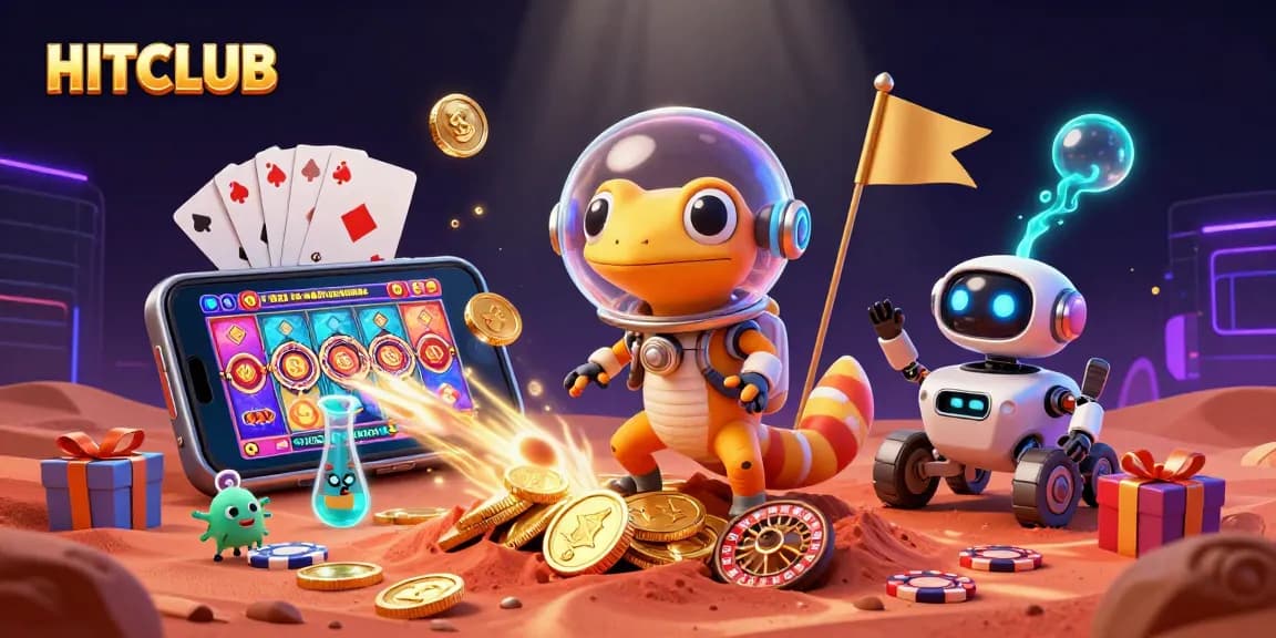 Engage with HITCLUB's exciting games featuring a Martian gecko exploring a golden casino.